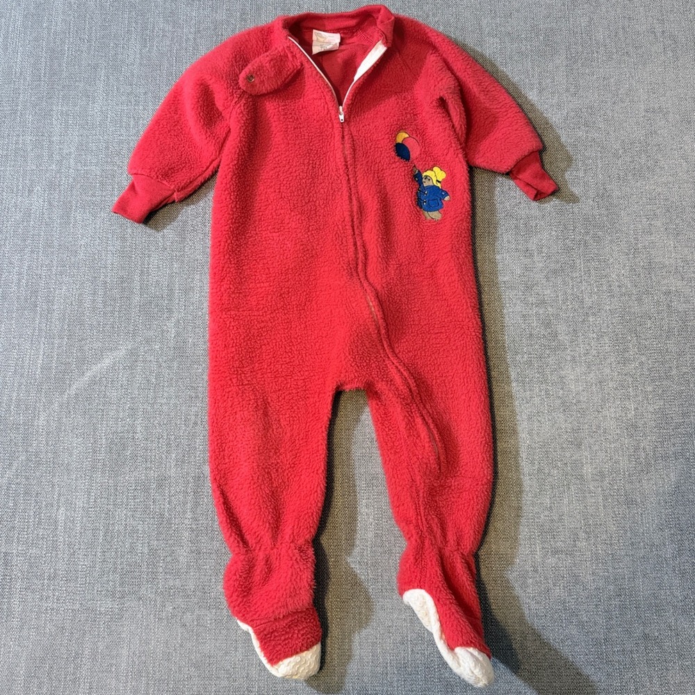 Vintage Paddington Bear Red Fleece Footed Sleeper Pajamas Size 1-2yrs USA